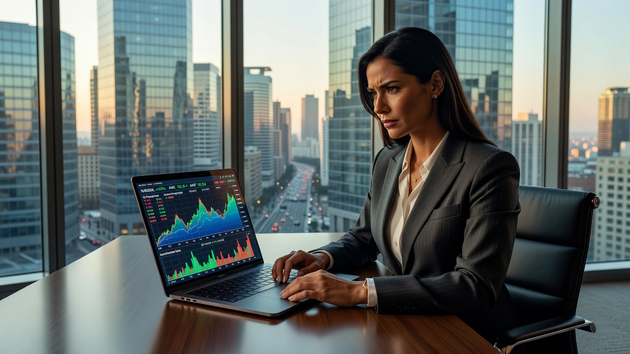 Geschäftsfrau analysiert Aktiencharts mit KI-Unterstützung
