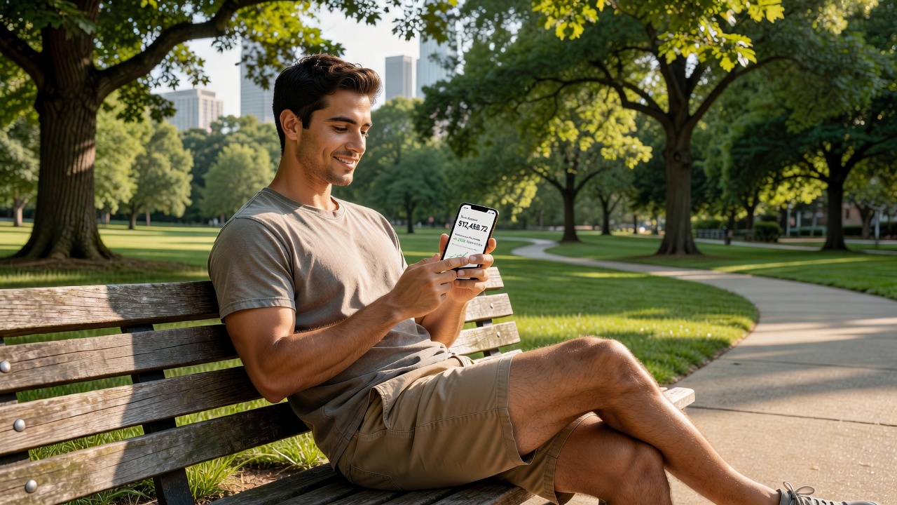 Person checkt Kontostand im Park auf dem Smartphone