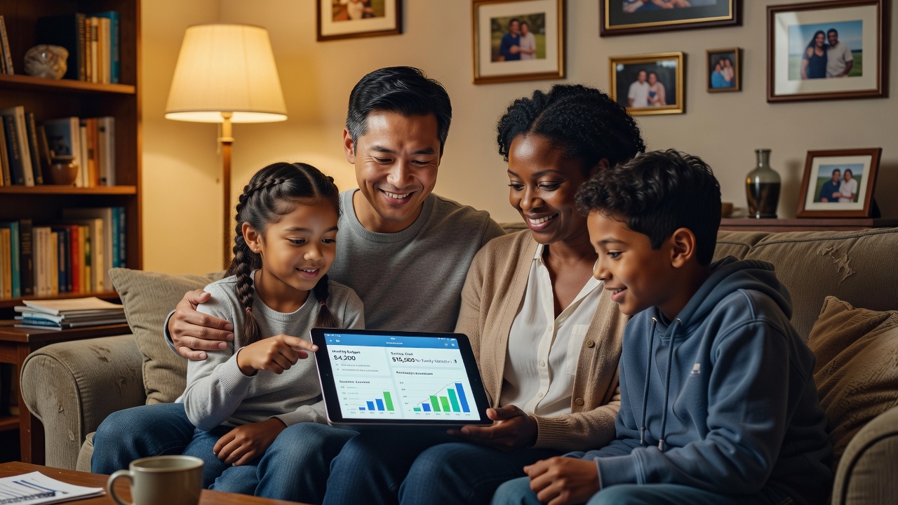 Familie überprüft gemeinsam Versicherungen auf dem Tablet
