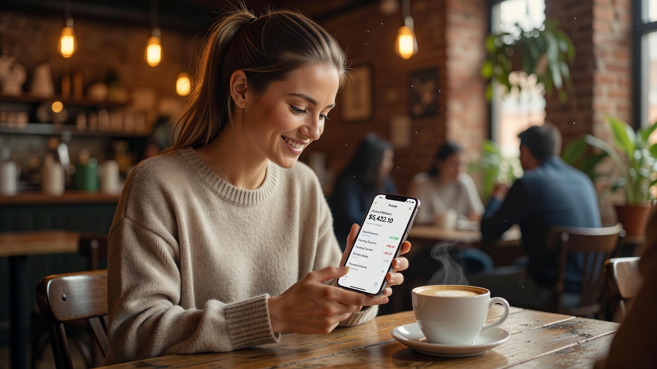 Frau nutzt mobile Banking App von NordFinTech